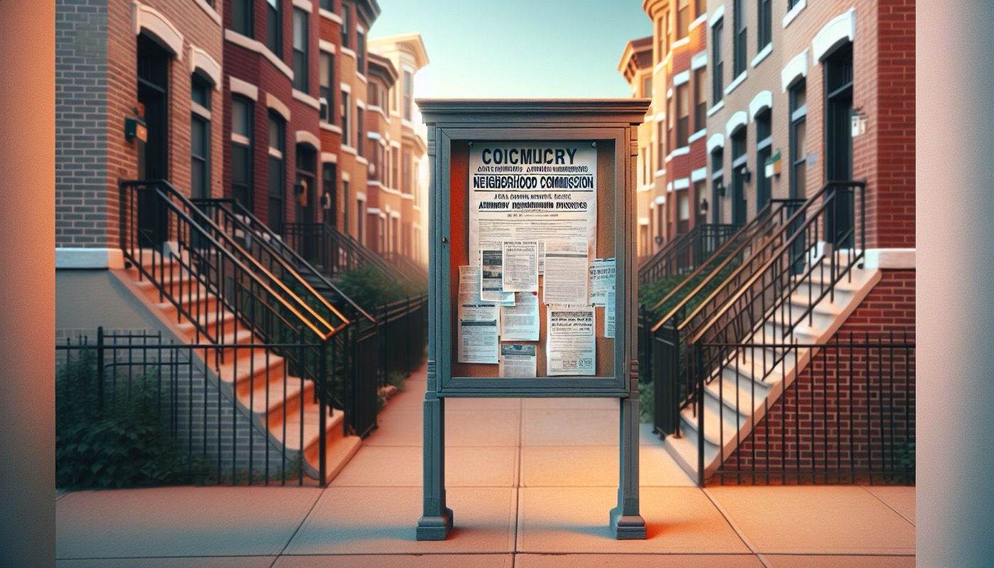 A DC Advisory Neighborhood Commission public meeting sign posted on a community bulletin board.