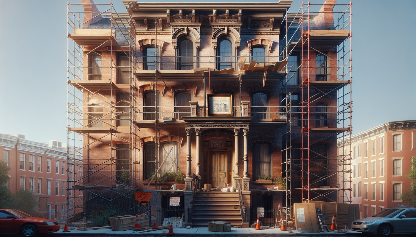 A DC rowhouse mid-renovation with a framed building permit taped to the window and scaffolding on the facade.