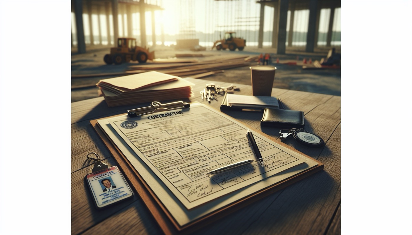 A contractor's clipboard with a DC Basic Business License and Home Improvement Contractor badge, on a job-site table.