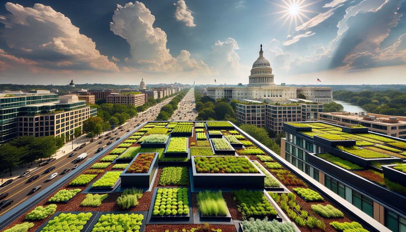 A DC rooftop green-roof installation with sedum mats and a drainage layer, downtown skyline in the background.