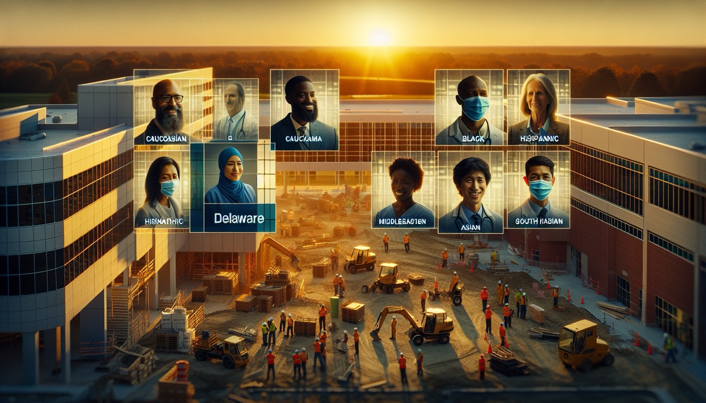 Delaware healthcare facility construction site with medical office building at golden hour, photorealistic, warm cinematic lighting, healthcare infrastructure aesthetic