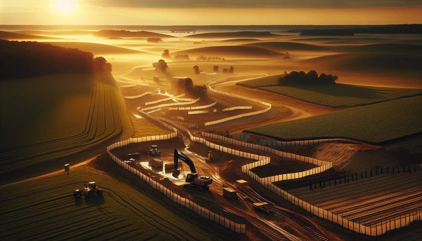 Delaware rural farm landscape with construction site and erosion control measures at golden hour, photorealistic, warm cinematic lighting, conservation district aesthetic
