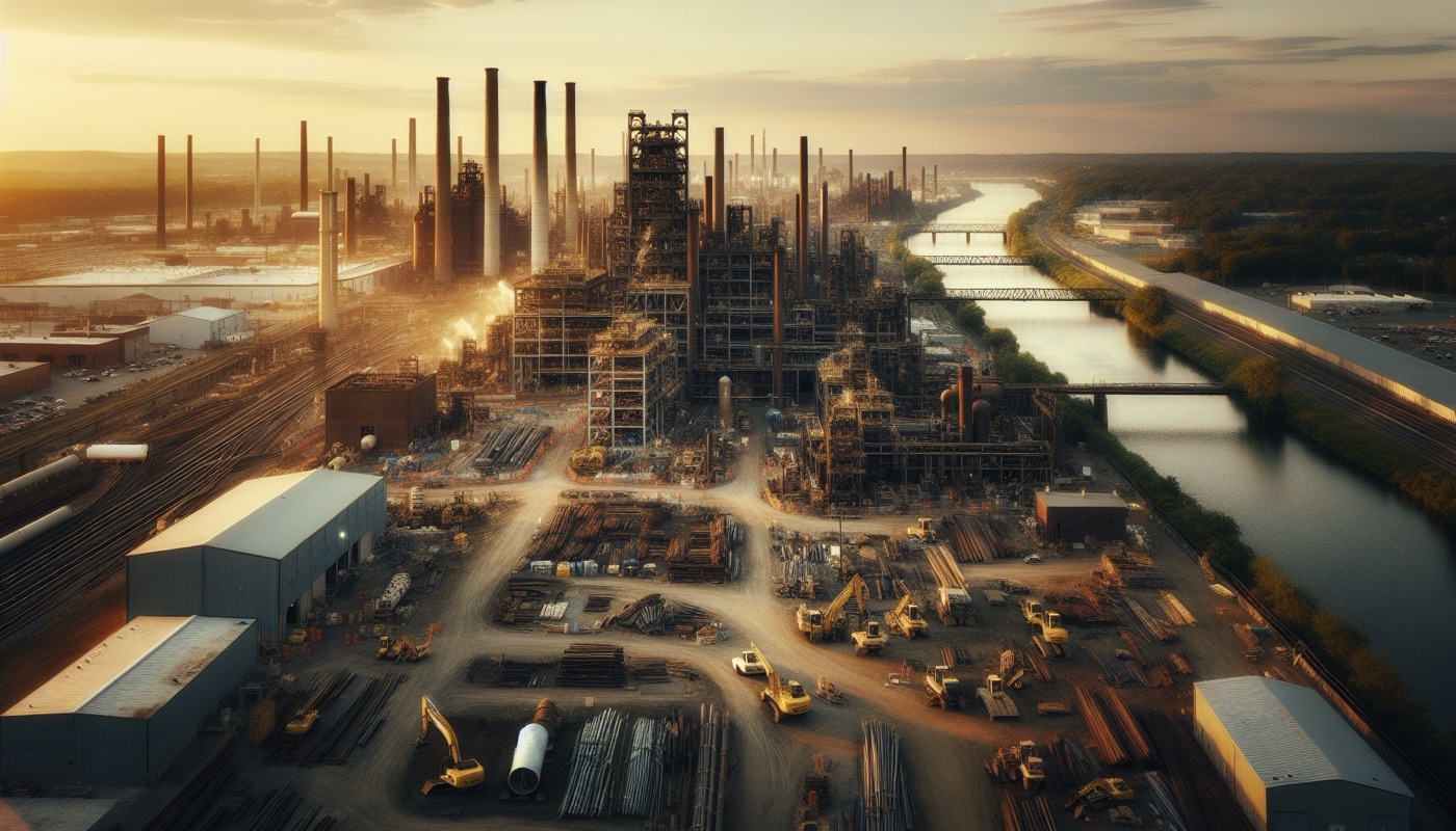 A Delaware County Pennsylvania former industrial waterfront site along the Delaware River being redeveloped with scaffolding and crane activity.