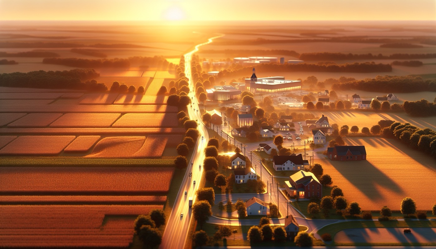 Delaware mixed rural and suburban landscape showing transition from farmland to small town with commercial buildings at golden hour, photorealistic, warm cinematic lighting, county boundary zoning aesthetic