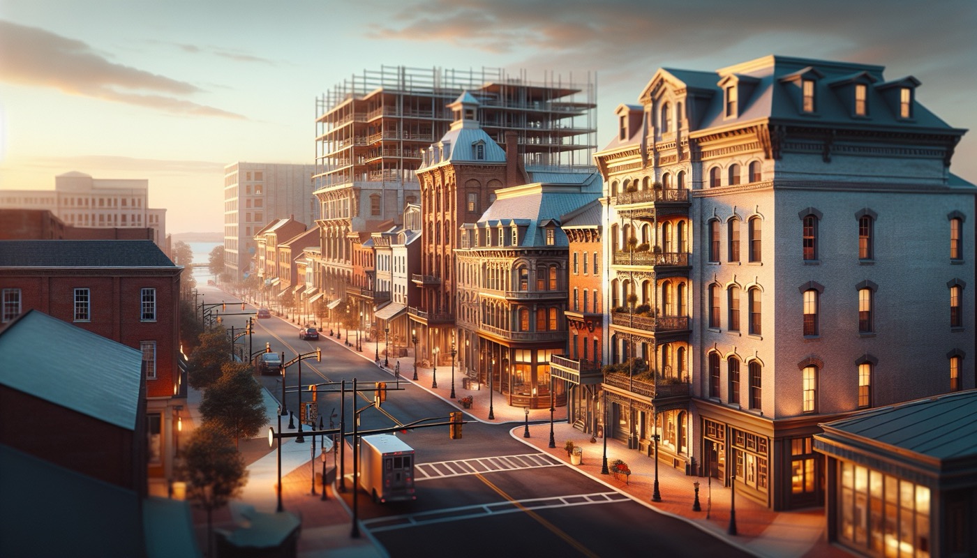 Delaware historic commercial downtown redevelopment with rehabilitation and new construction at golden hour, photorealistic, warm cinematic lighting, downtown development district aesthetic