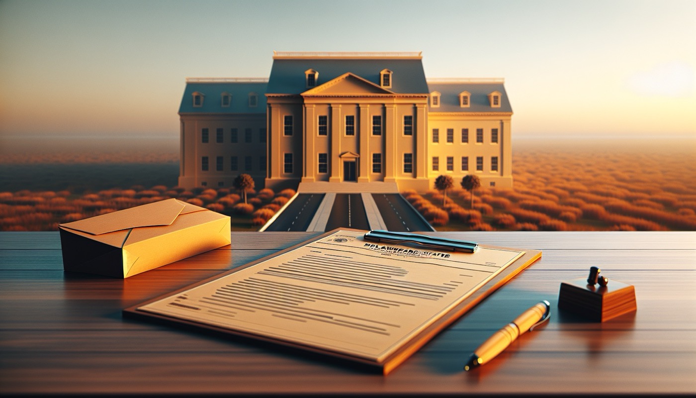 A Delaware state office building at golden hour with a government envelope on a desk in the foreground, representing the per-project rate request workflow