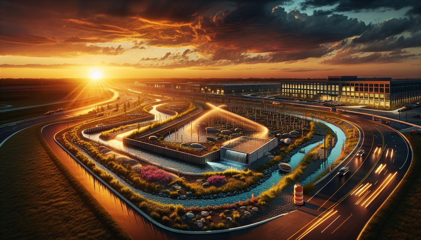 Delaware construction site with bioretention rain garden and stormwater BMPs capturing runoff at golden hour, photorealistic, warm cinematic lighting, runoff reduction volume aesthetic