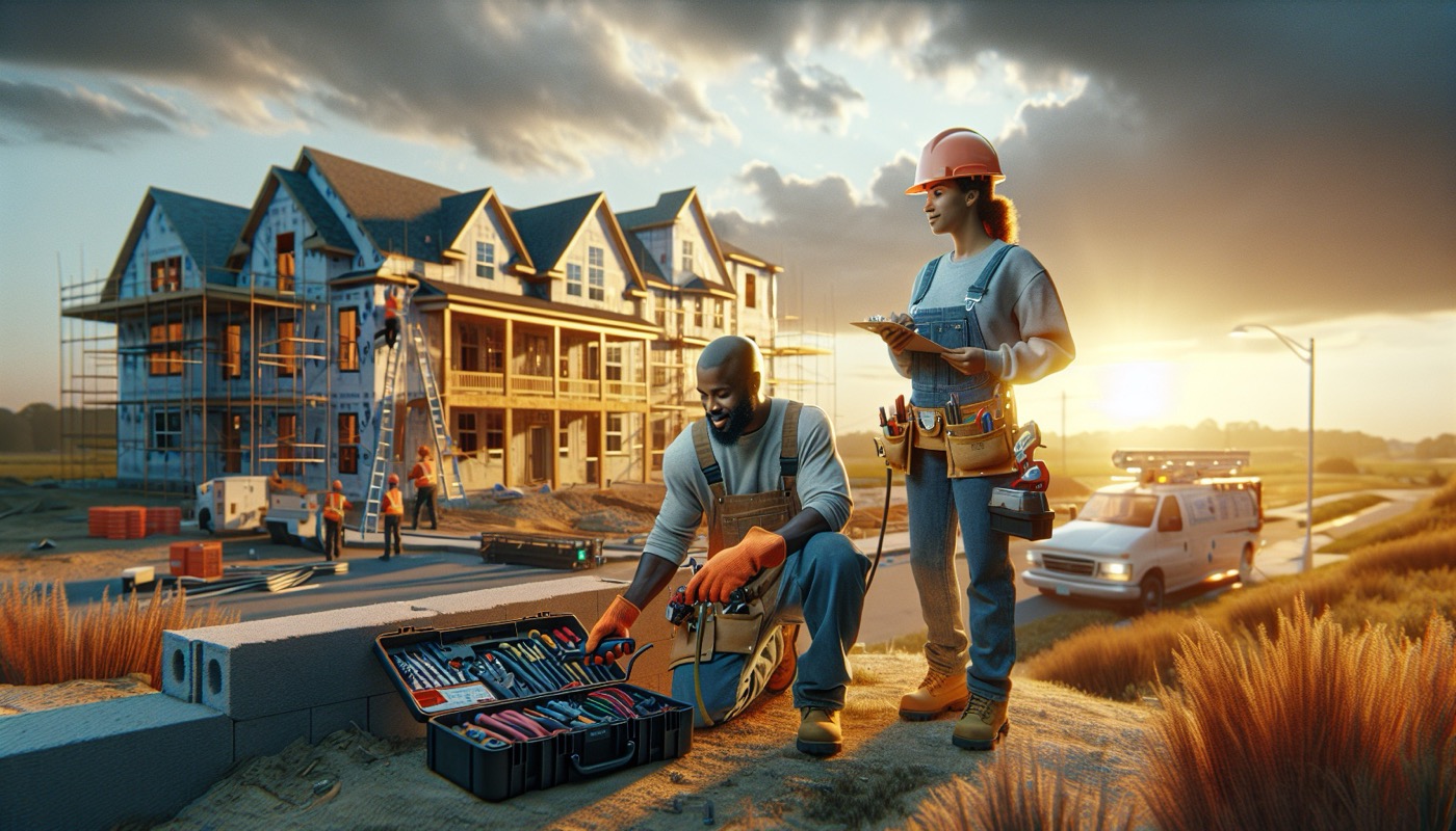 Delaware construction site with tradesmen working at golden hour, symbolizing trade-specific licensing structure, photorealistic, warm cinematic lighting