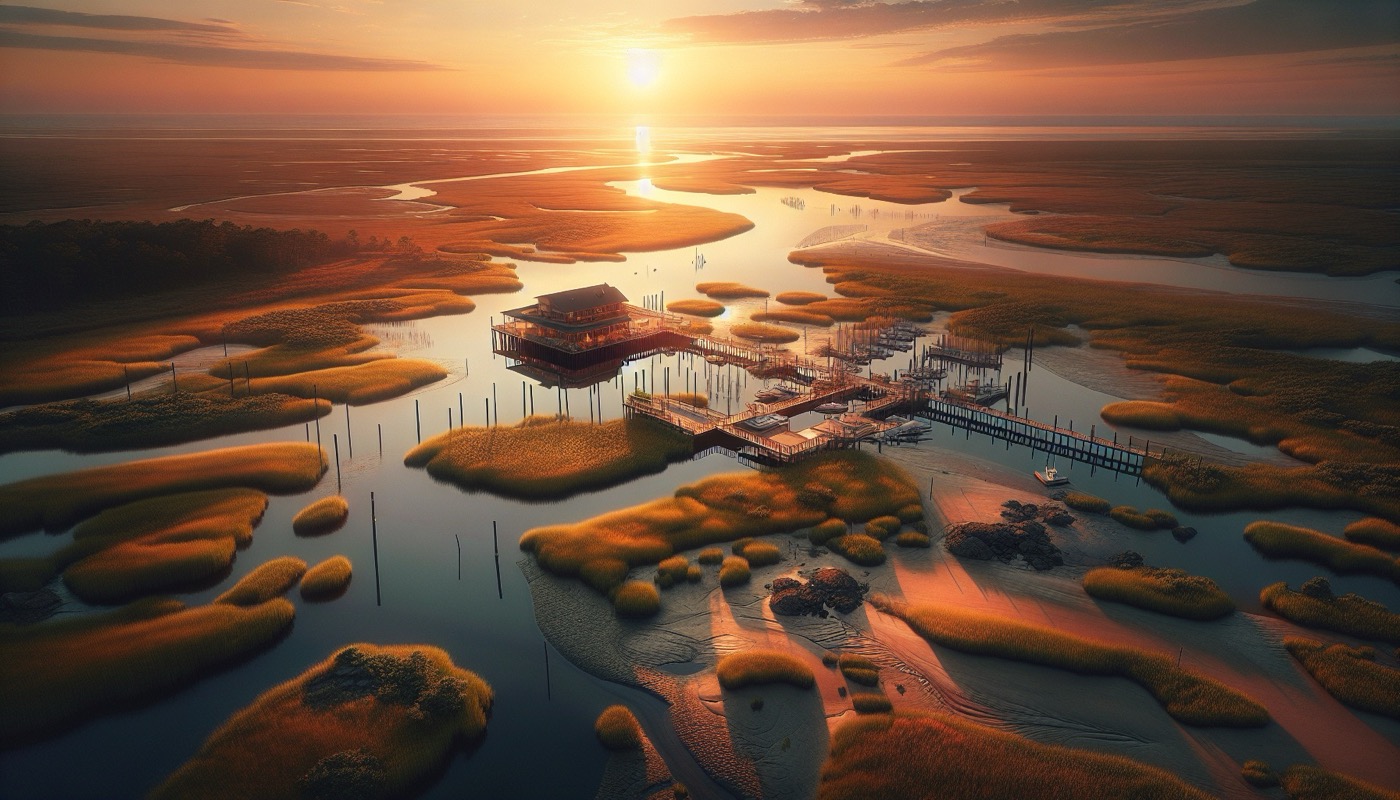 Delaware coastal tidal marsh with wooden dock and pier construction at golden hour, photorealistic, warm cinematic lighting, wetlands permitting aesthetic