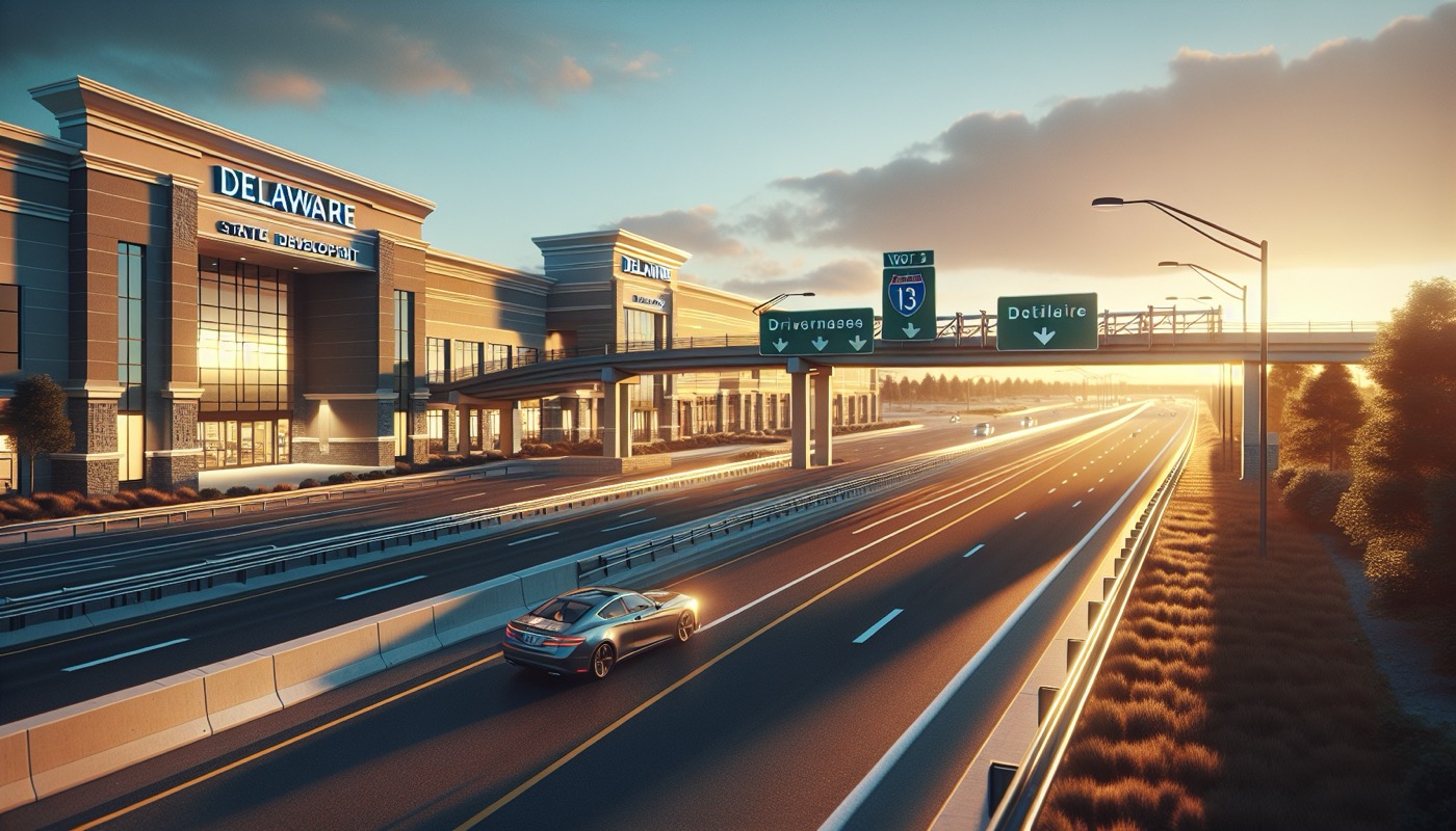 Delaware state route with commercial development driveway entrance and traffic control at golden hour, photorealistic, warm cinematic lighting, access management aesthetic