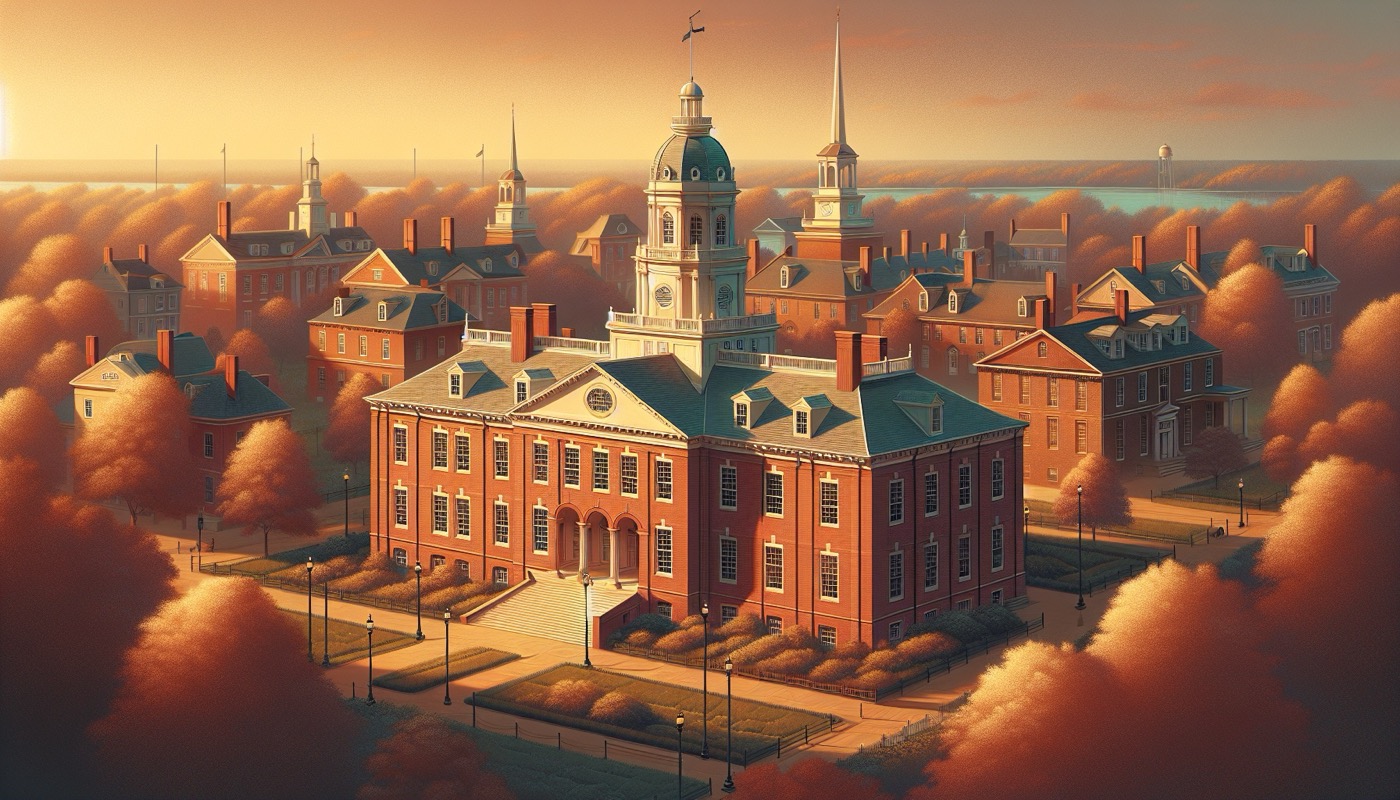 Dover Delaware Legislative Hall and surrounding colonial-era buildings at golden hour, representing the dual municipal and county permit structure
