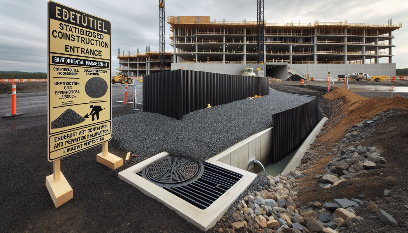A construction site entrance with a stabilized gravel pad, silt fence along the perimeter, and a perimeter inlet protection detail in a storm drain.
