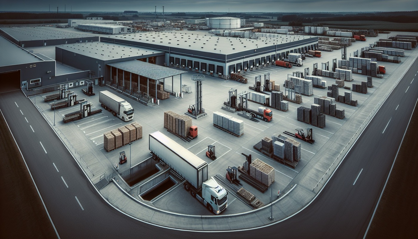 An industrial warehouse parking lot with fuel island, outdoor storage of materials, and a concrete stormwater retention basin visible.