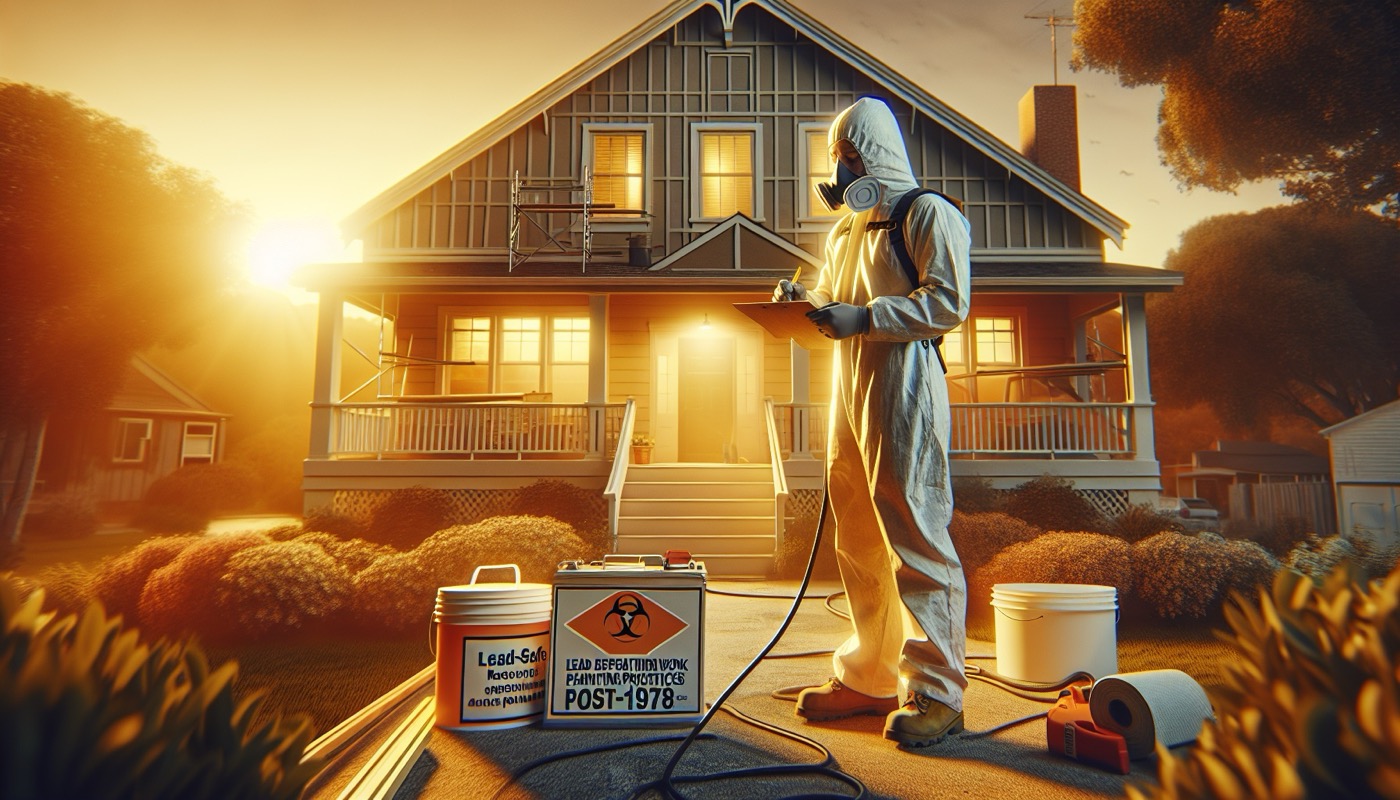 Pre-1978 home renovation with contractor in PPE practicing lead-safe work practices at golden hour, photorealistic, warm cinematic lighting, RRP compliance aesthetic