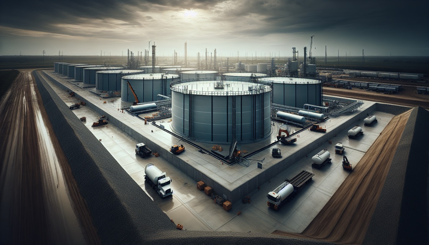 A construction site diesel fuel storage tank with concrete secondary containment and spill kit staged nearby.