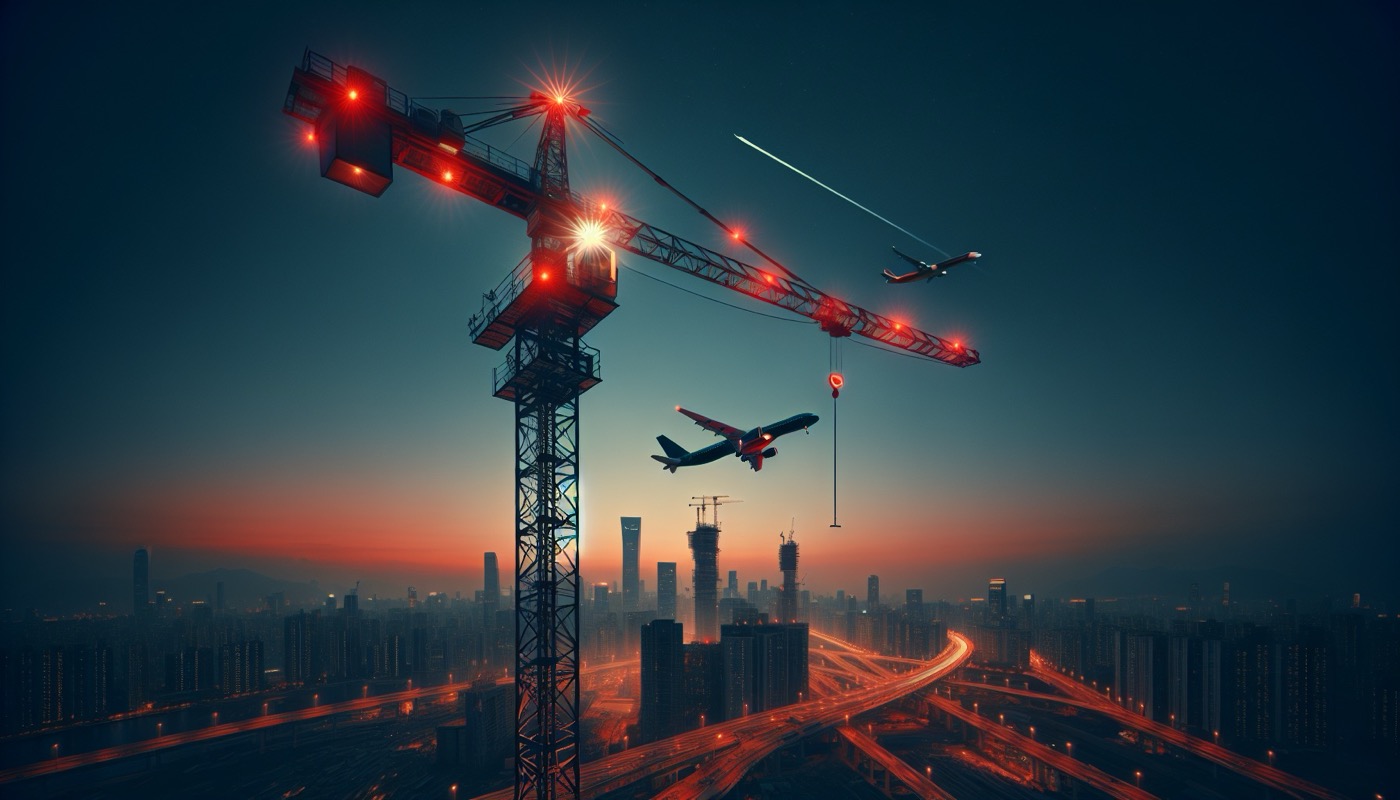 A tall construction tower crane over a mid-rise building with an airport runway and descending aircraft visible in the background.