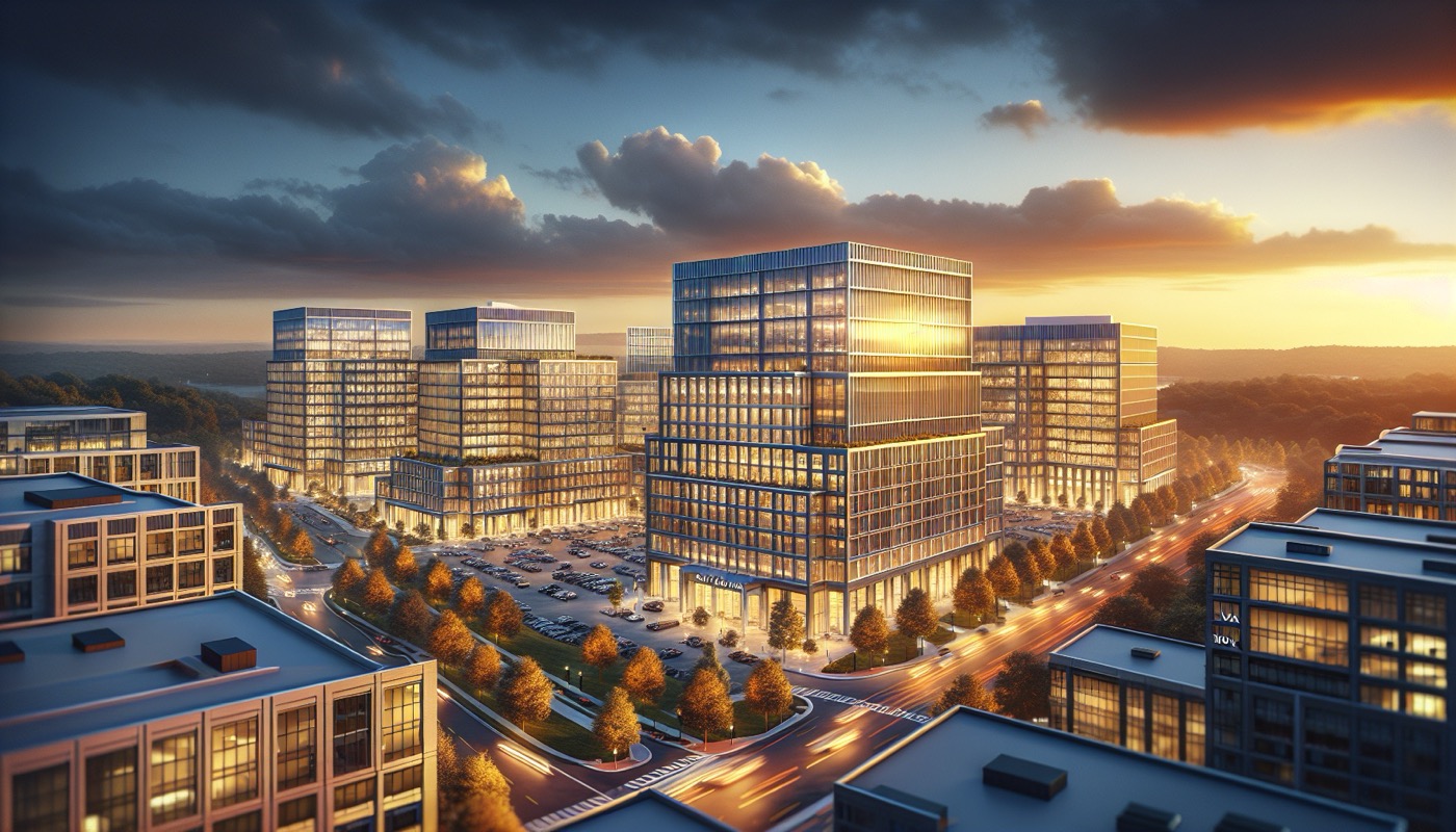 Fairfax County Virginia commercial office park with suburban corporate buildings at golden hour, photorealistic, warm cinematic lighting, NoVA commercial development aesthetic