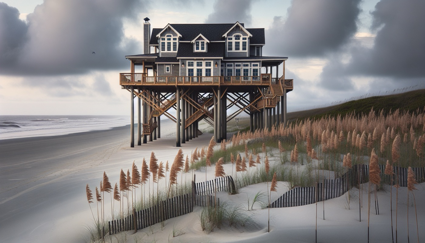 A coastal Mid-Atlantic single-family home elevated on pilings above a V-zone beach, with breakaway lattice skirting below the elevated first floor.