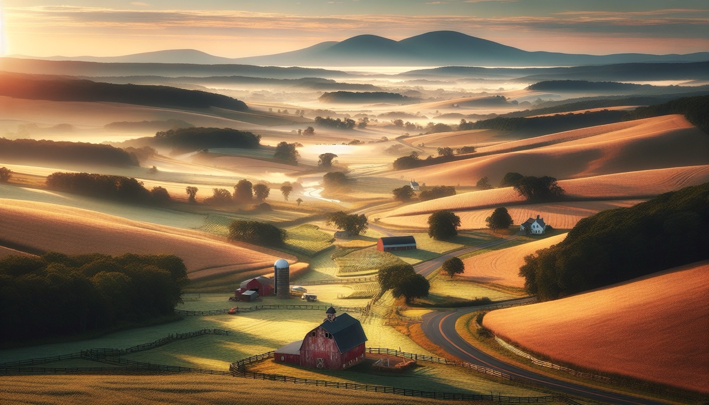 A Frederick County Maryland farmland landscape with rolling Piedmont fields, a country road, and the Catoctin Mountain ridge visible in the distance.