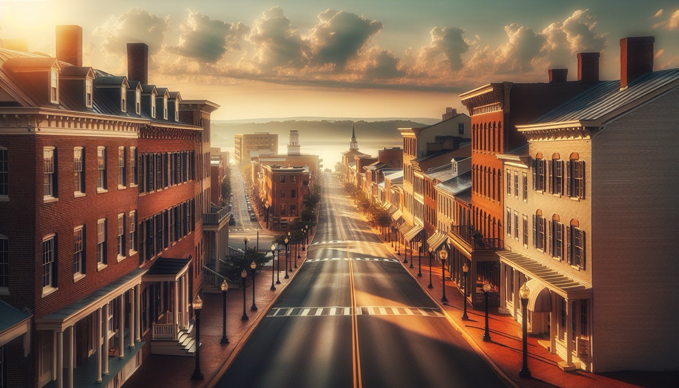 Downtown Fredericksburg Virginia colonial-era buildings along Caroline Street with the Rappahannock River visible in the distance.
