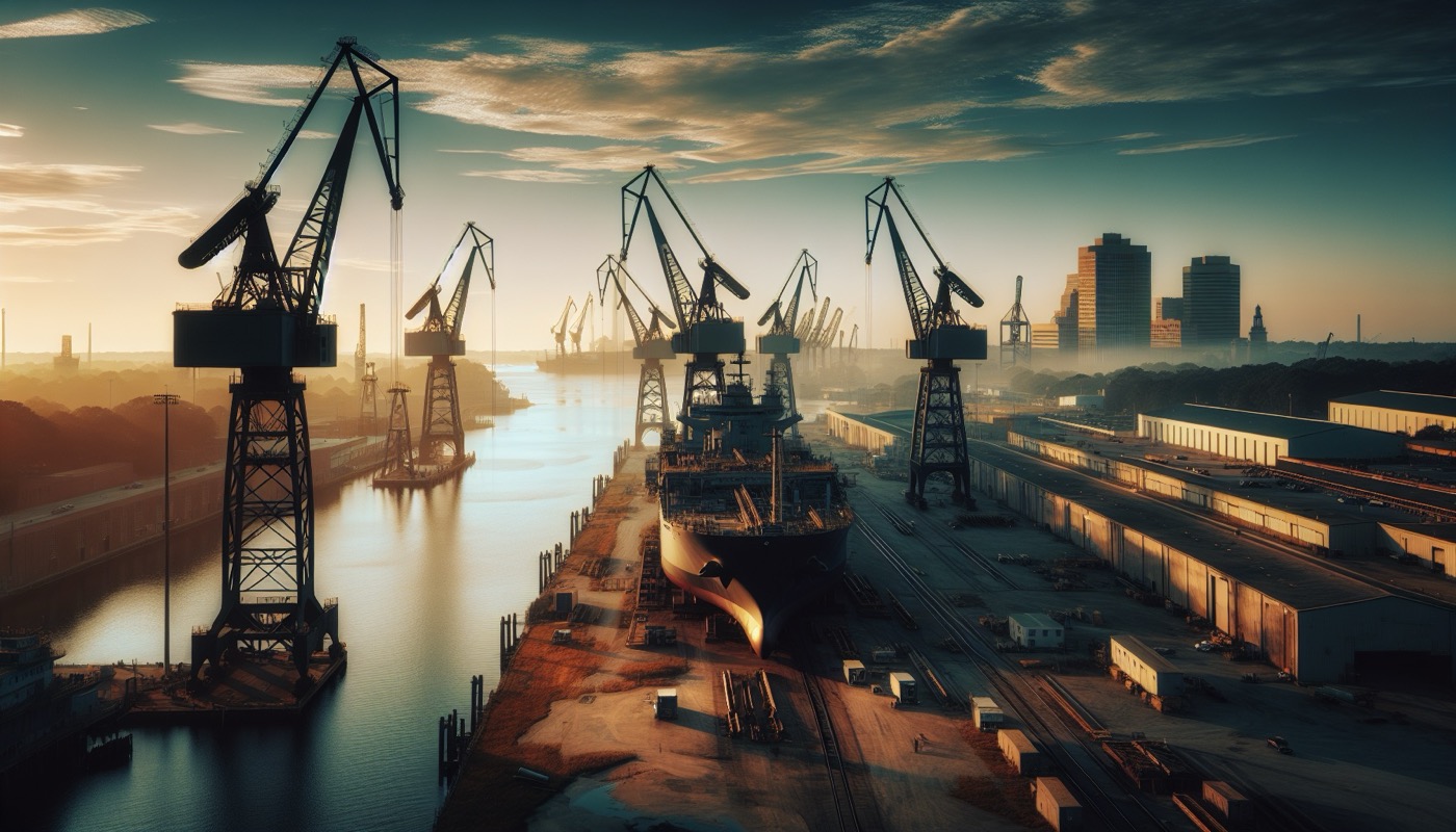 A Newport News shipyard with cranes, a partially-built ship, and downtown redevelopment buildings visible along the James River waterfront.