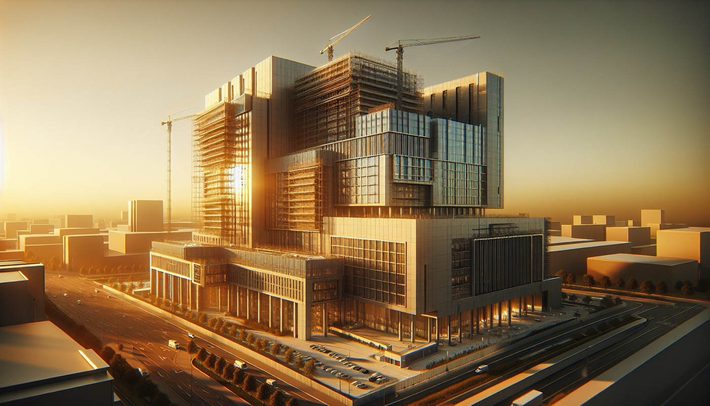 Healthcare facility construction site at golden hour with hospital building visible in the background and regulatory documents in the foreground, photorealistic, warm cinematic lighting