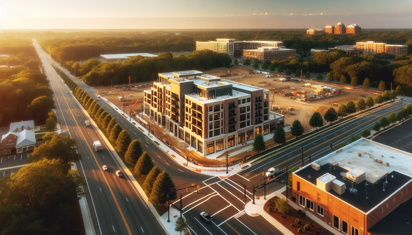 A Short Pump Henrico County Virginia commercial mixed-use building under construction along a major thoroughfare with trees and suburban development visible in the background.