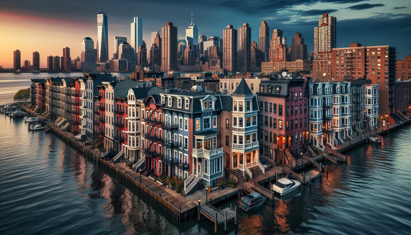 A Hoboken New Jersey streetscape with mid-rise brownstones and condos and the Manhattan skyline visible across the Hudson River.