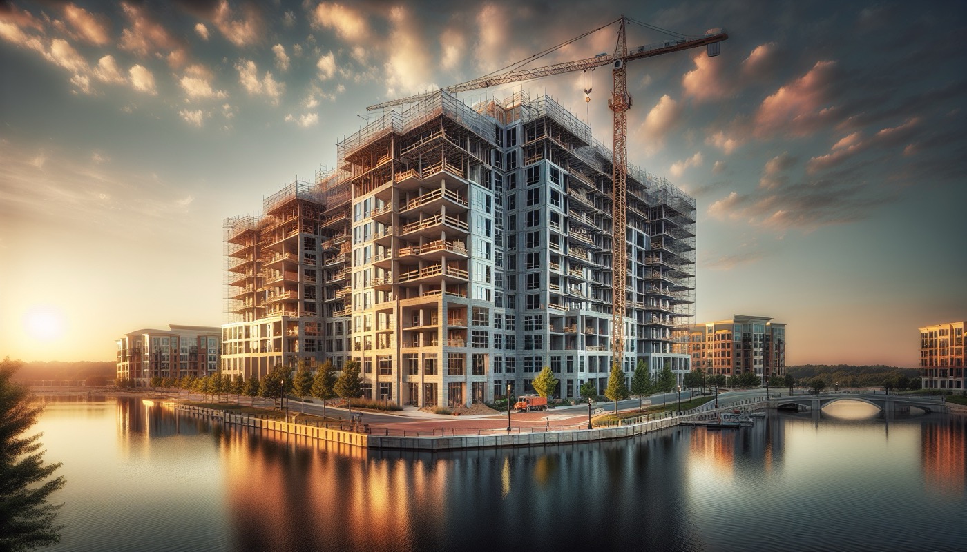 A Columbia MD mixed-use mid-rise under construction with tower crane and a planned community streetscape in the background.
