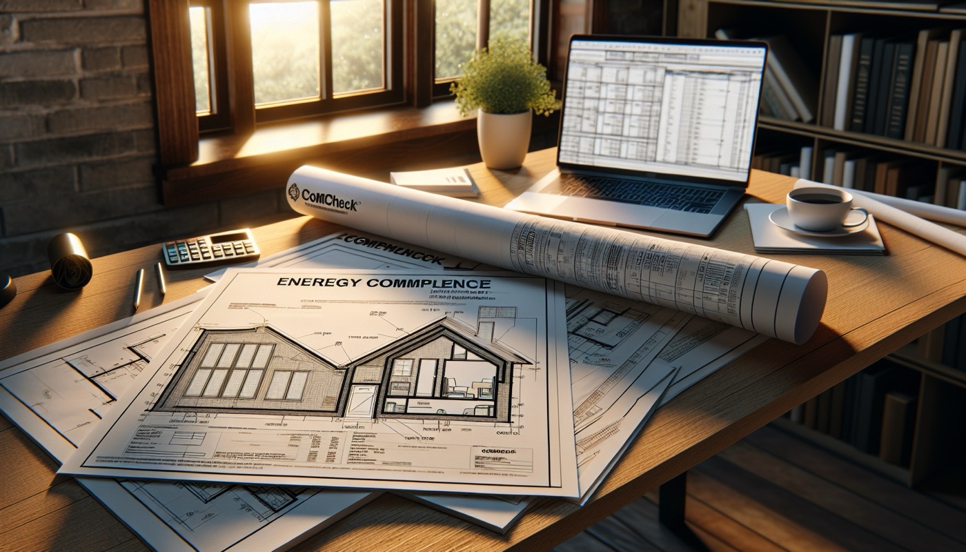 A set of construction drawings with an energy compliance cover sheet, thermal envelope sections, and a COMcheck output stamped as compliant.