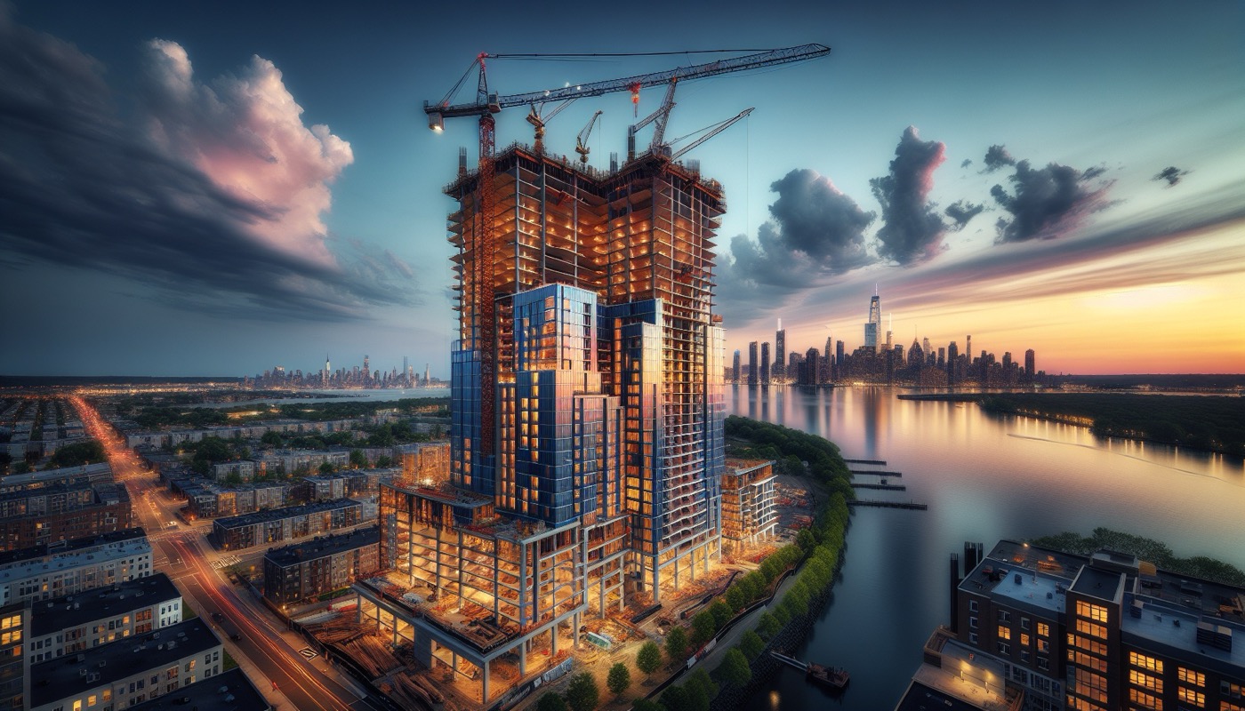 A Jersey City New Jersey high-rise mixed-use building under construction with the Manhattan skyline visible across the Hudson River.
