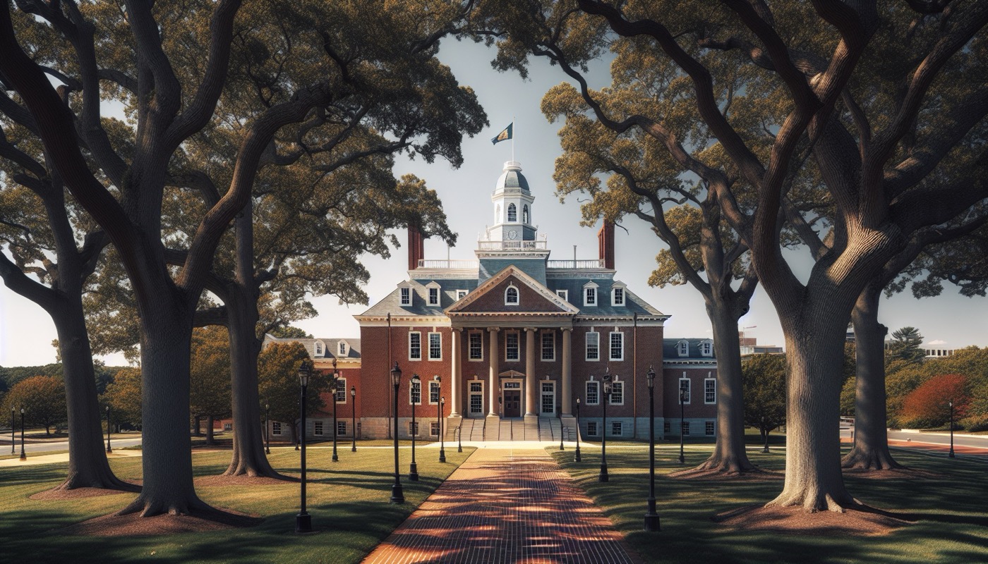 The Delaware State Capitol Legislative Hall in Dover with surrounding low-rise state government buildings and mature trees.