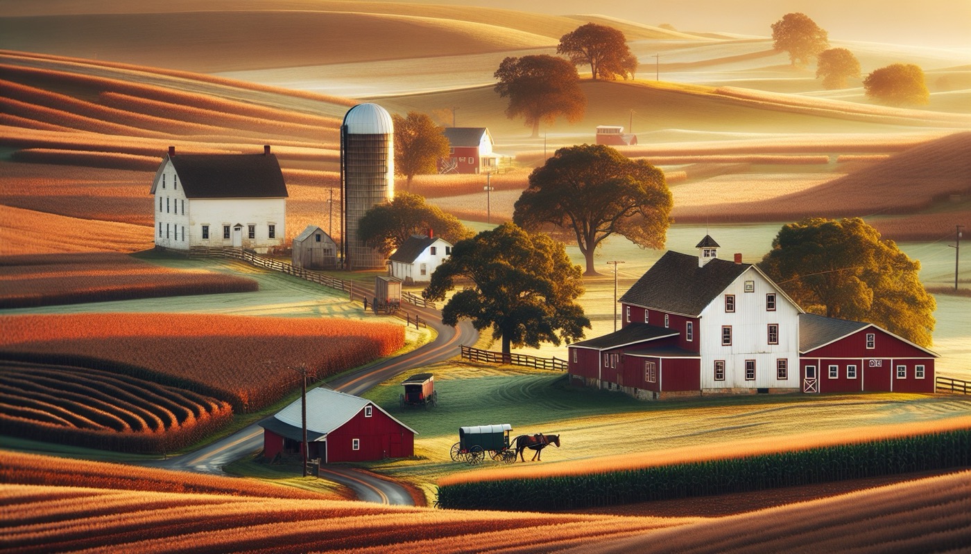 A Lancaster County Pennsylvania Amish farm landscape with stone farmhouse, red barn, silo, and rolling cultivated fields.