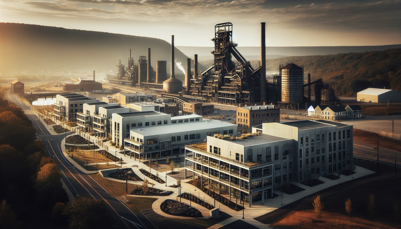 A Lehigh Valley Pennsylvania former steel mill site being redeveloped with a mix of industrial, commercial, and residential buildings, the South Mountain ridge visible in the background.
