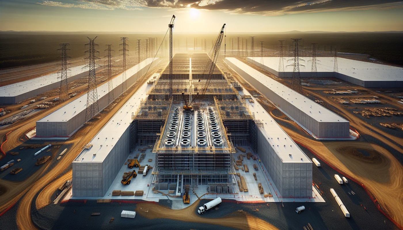 A data center under construction in Ashburn, Loudoun County, Virginia, with concrete tilt-up walls, rooftop mechanical units, and overhead power infrastructure visible.