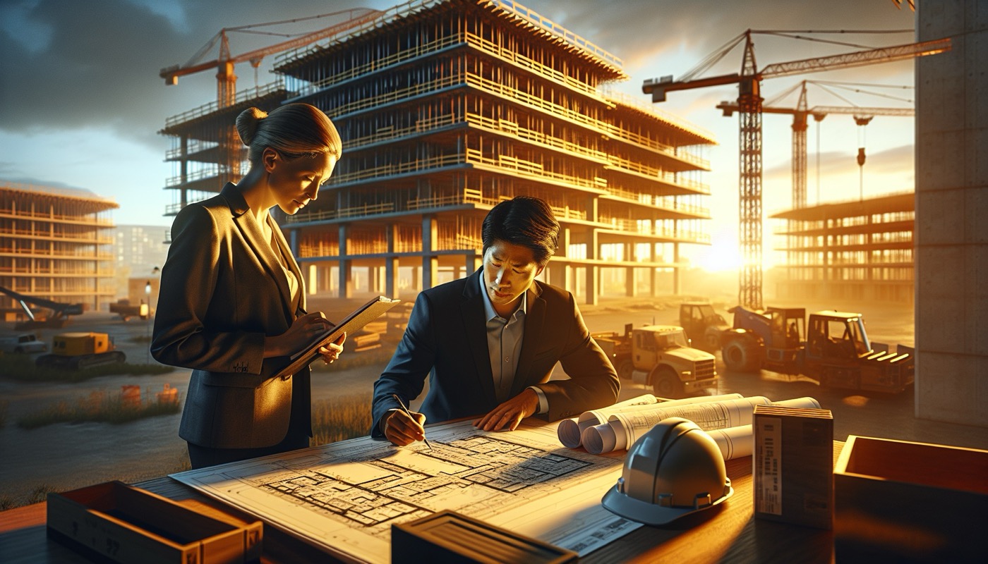 Maryland commercial building under construction with architect reviewing plan sets at golden hour, photorealistic, warm cinematic lighting, code compliance aesthetic