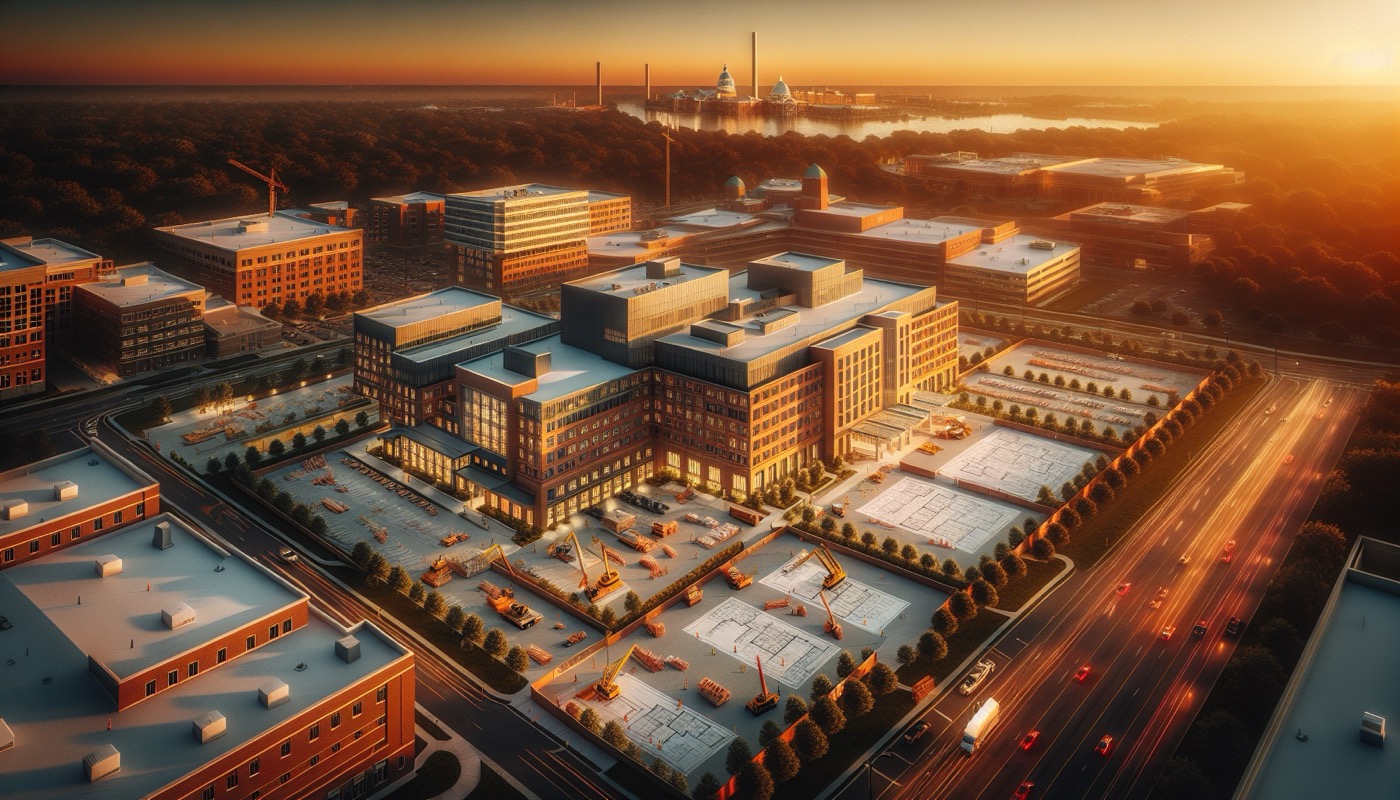 Maryland hospital construction with medical facility planning documents and healthcare building at golden hour, photorealistic, warm cinematic lighting, healthcare planning aesthetic