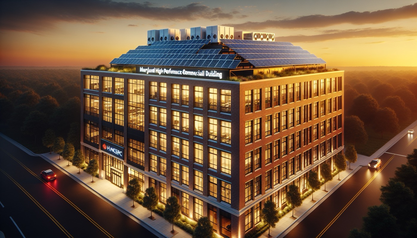 Maryland commercial building with energy modeling analysis and high-performance HVAC/insulation visible at golden hour, photorealistic, warm cinematic lighting, energy code compliance aesthetic