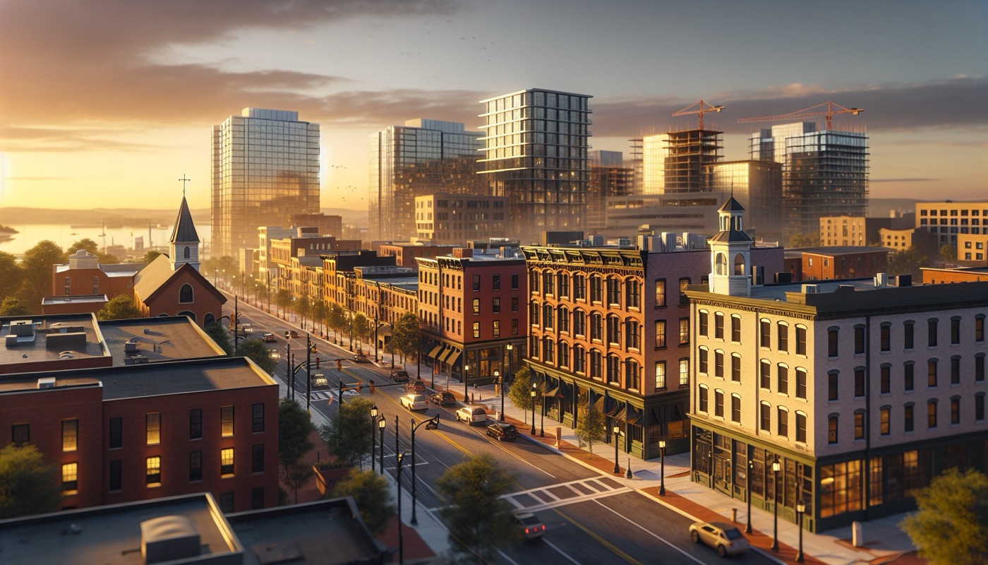 Maryland urban commercial redevelopment with historic rehabilitation and new construction at golden hour, photorealistic, warm cinematic lighting, economic development toolkit aesthetic