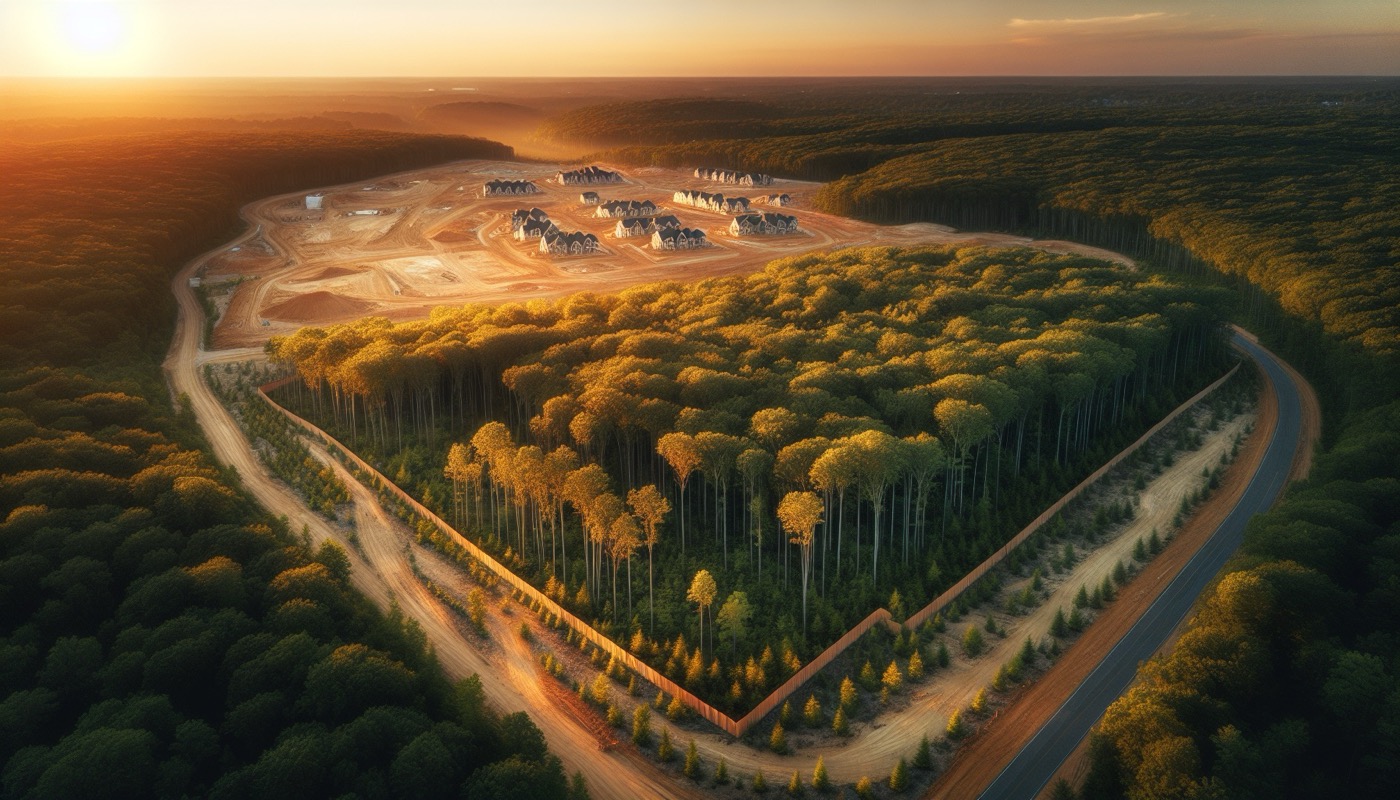 Maryland wooded development site with forest stand and new construction at golden hour showing forest retention area, photorealistic, warm cinematic lighting, forest conservation aesthetic