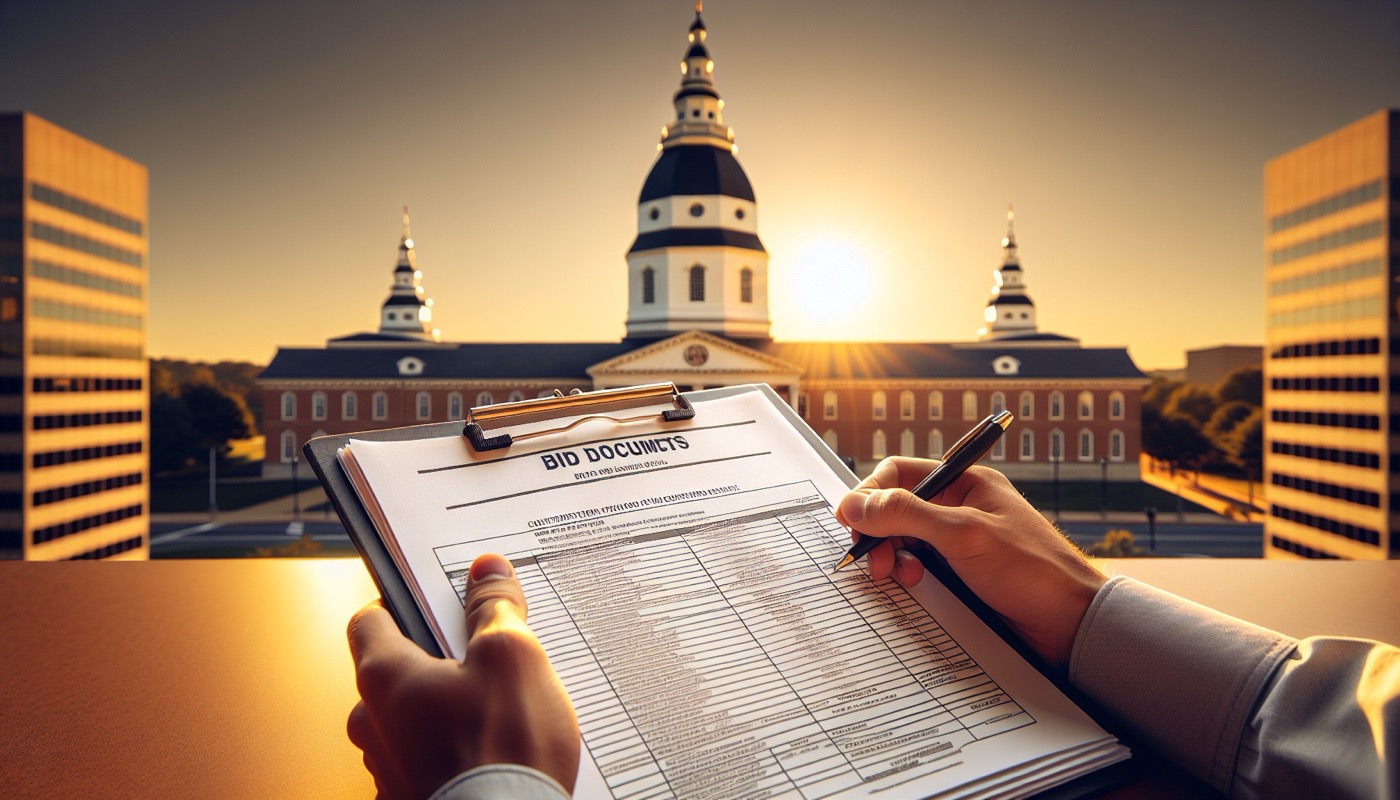 Maryland state capital and construction project documents on a clipboard at golden hour, representing bid-package preparation