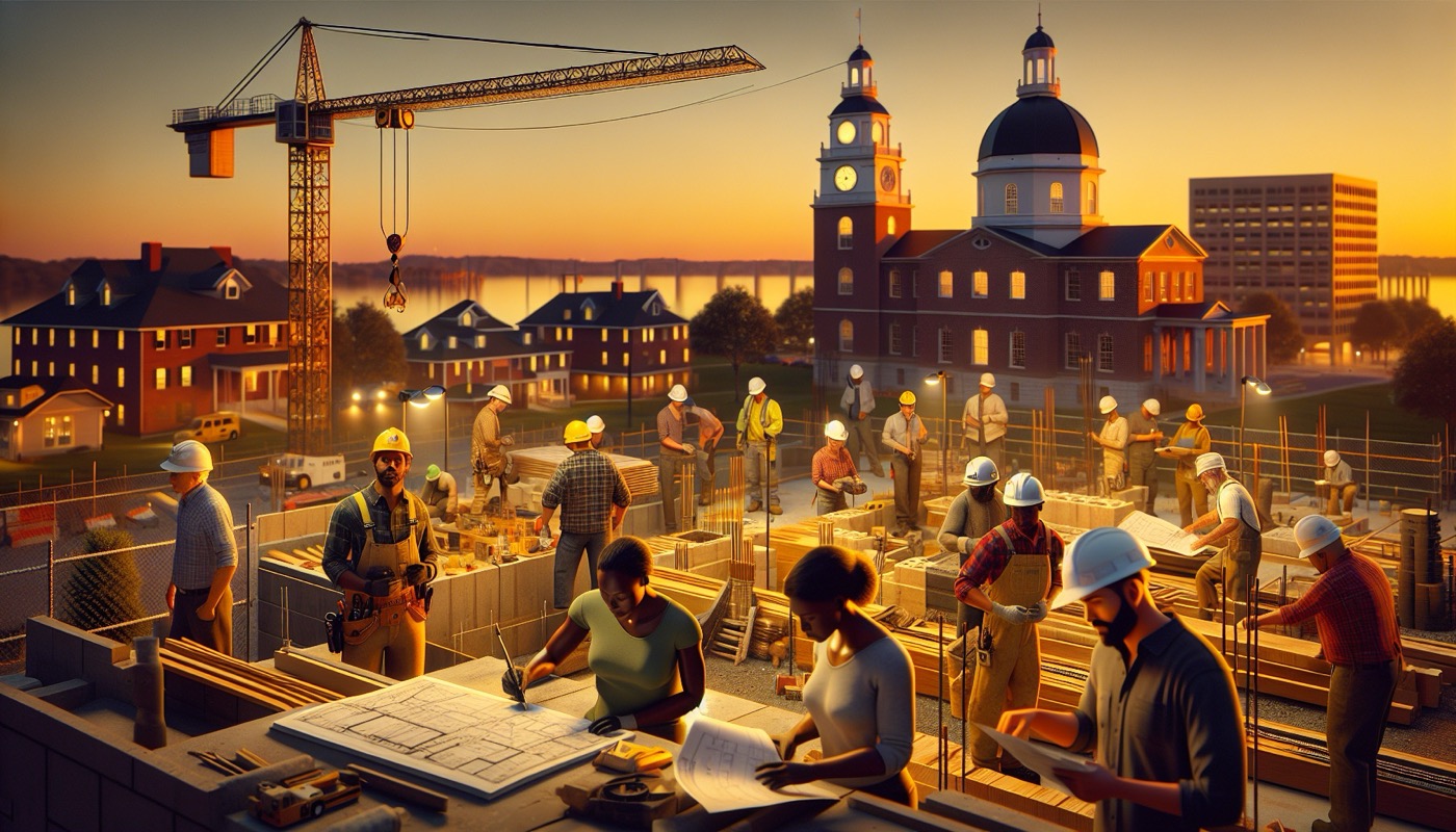 Maryland public works construction site with craftsmen and project plans at golden hour, photorealistic, warm cinematic lighting, prevailing wage construction aesthetic