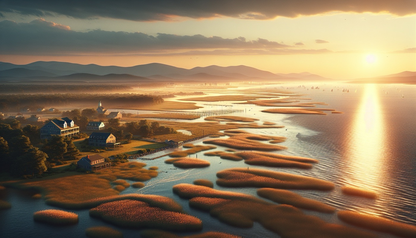 Maryland Chesapeake Bay shoreline with tidal wetlands and waterfront at golden hour, photorealistic, warm cinematic lighting, Critical Area protection aesthetic