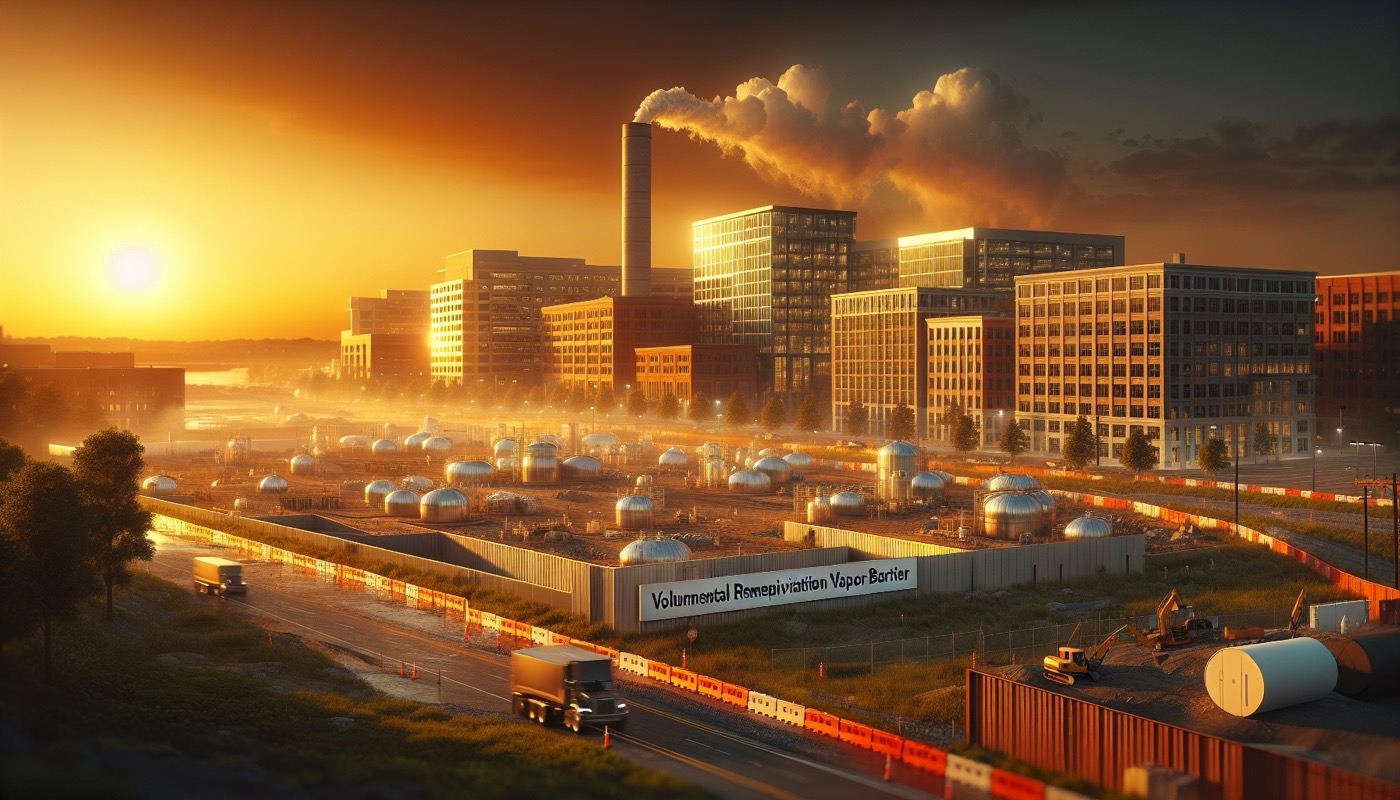 Maryland commercial brownfield redevelopment with environmental remediation and new building construction visible at golden hour, photorealistic, warm cinematic lighting, voluntary cleanup aesthetic
