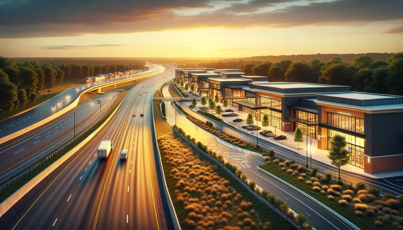 Maryland state highway commercial retail center with driveway access and traffic control at golden hour, photorealistic, warm cinematic lighting, SHA access management aesthetic