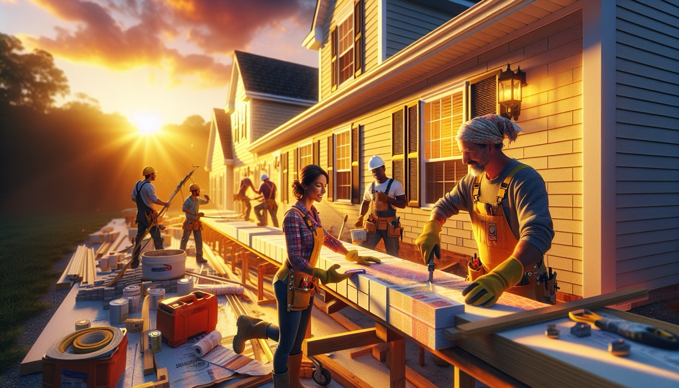 Maryland residential home improvement construction scene with craftsman working on facade at golden hour, photorealistic, warm cinematic lighting, quality trade work aesthetic