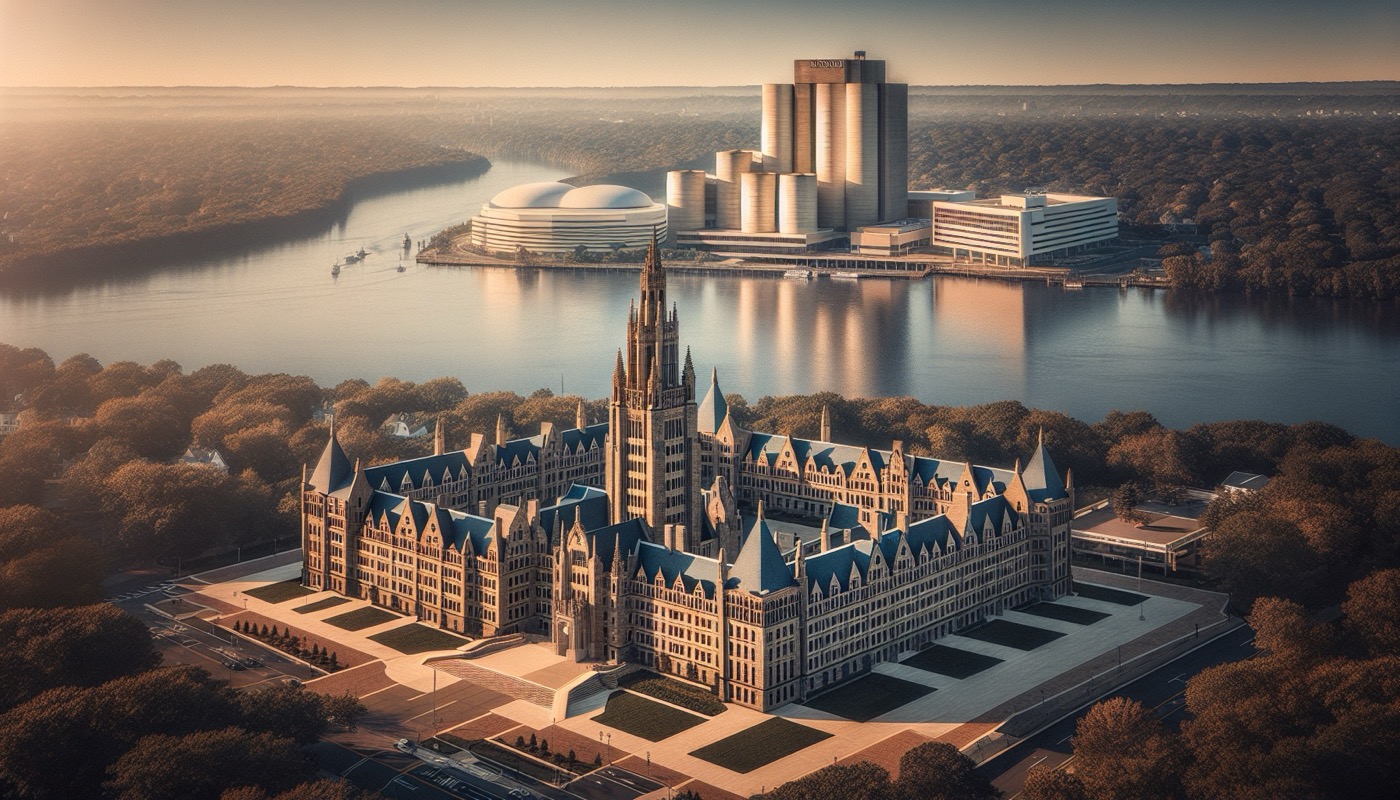 A New Brunswick New Jersey downtown streetscape with Rutgers University campus buildings and pharmaceutical headquarters in the background.