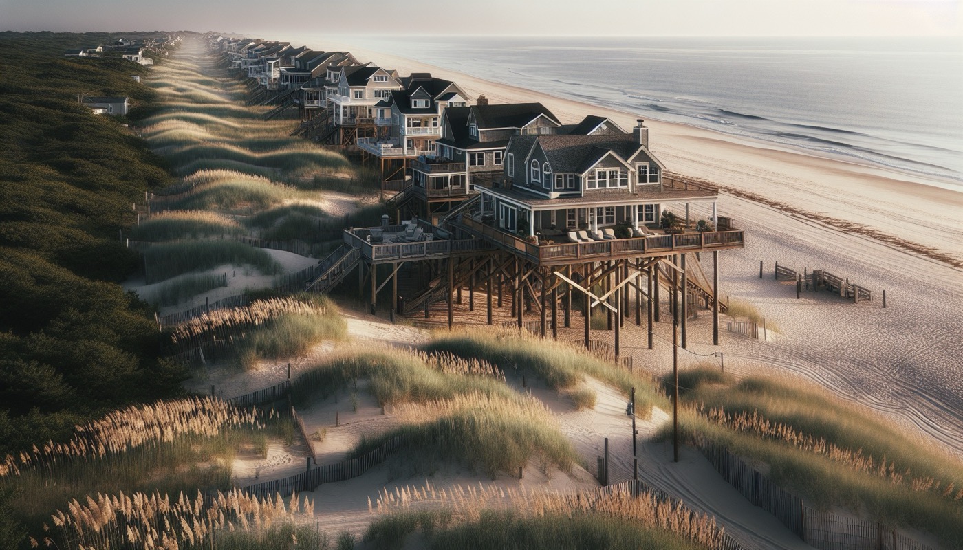 A Monmouth County New Jersey coastal community with single-family homes near an Atlantic Ocean beach, beach grasses in the foreground.