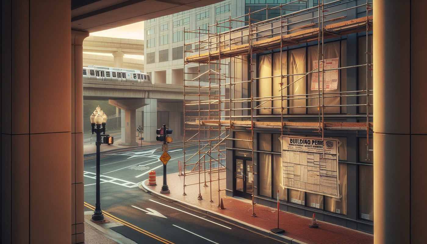 A Bethesda Maryland commercial building under renovation with scaffolding, a posted building permit, and Metro signage visible in the distance.