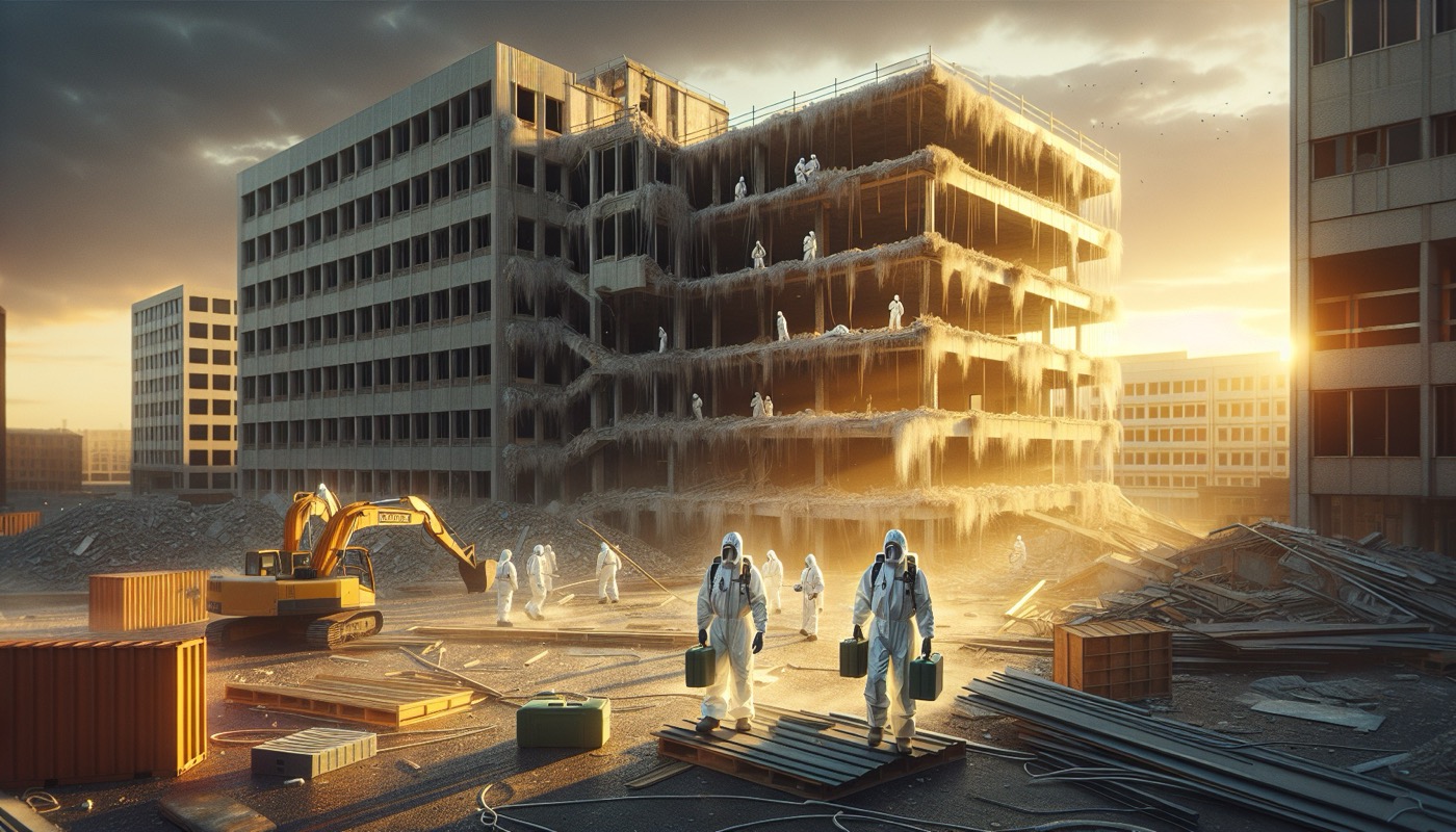Commercial building demolition and renovation with asbestos abatement workers in PPE at golden hour, photorealistic, warm cinematic lighting, NESHAP asbestos compliance aesthetic